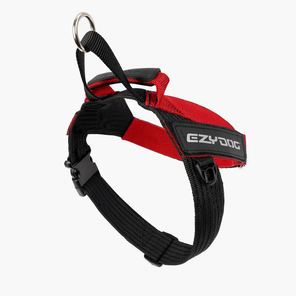 Red and black dog harness with EzyDog branding on a white background