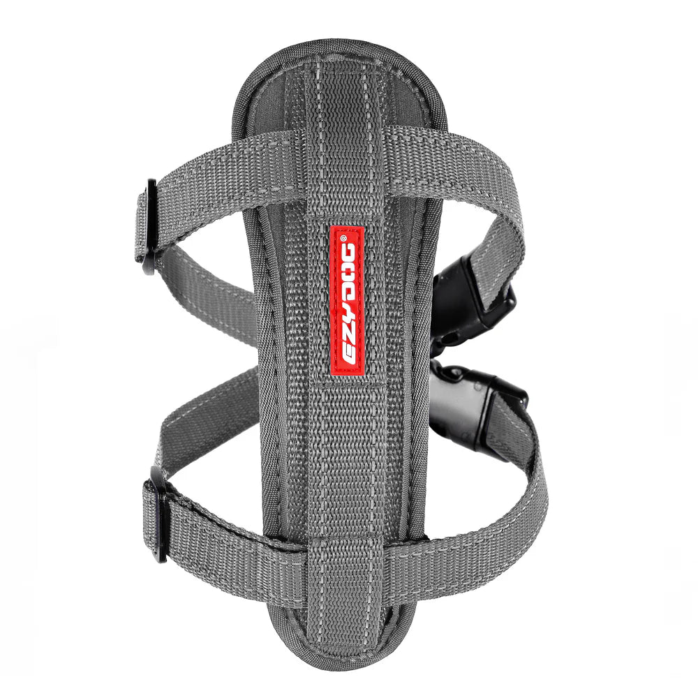 Gray dog harness with a red logo on a white background