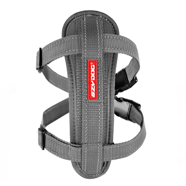 Gray dog harness with a red logo on a white background