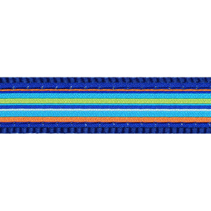 Multicolored striped ribbon with blue, green, orange, and yellow stripes on a white background