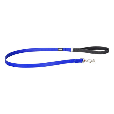 Blue dog leash with a black handle on a white background