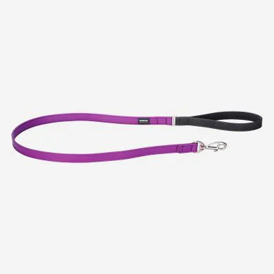 Purple dog leash with a black handle on a white background