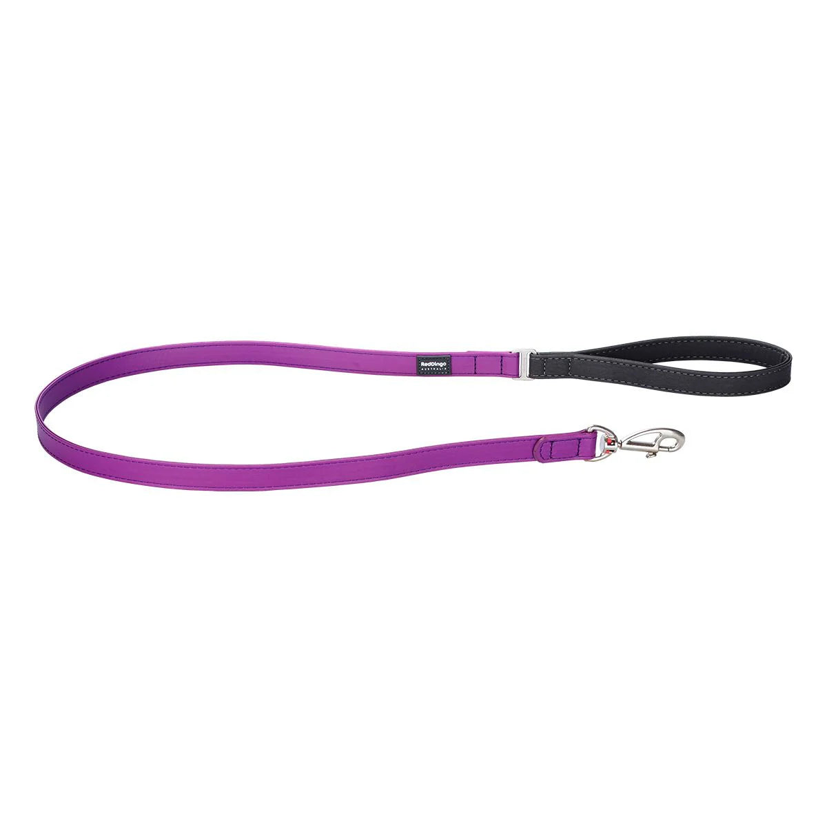 Purple dog leash with black handle on a white background