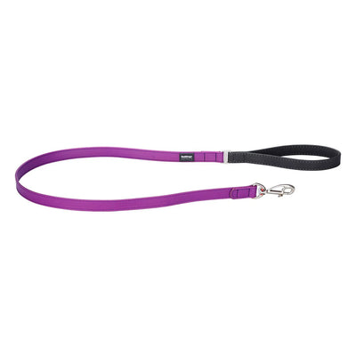 Purple dog leash with black handle on a white background