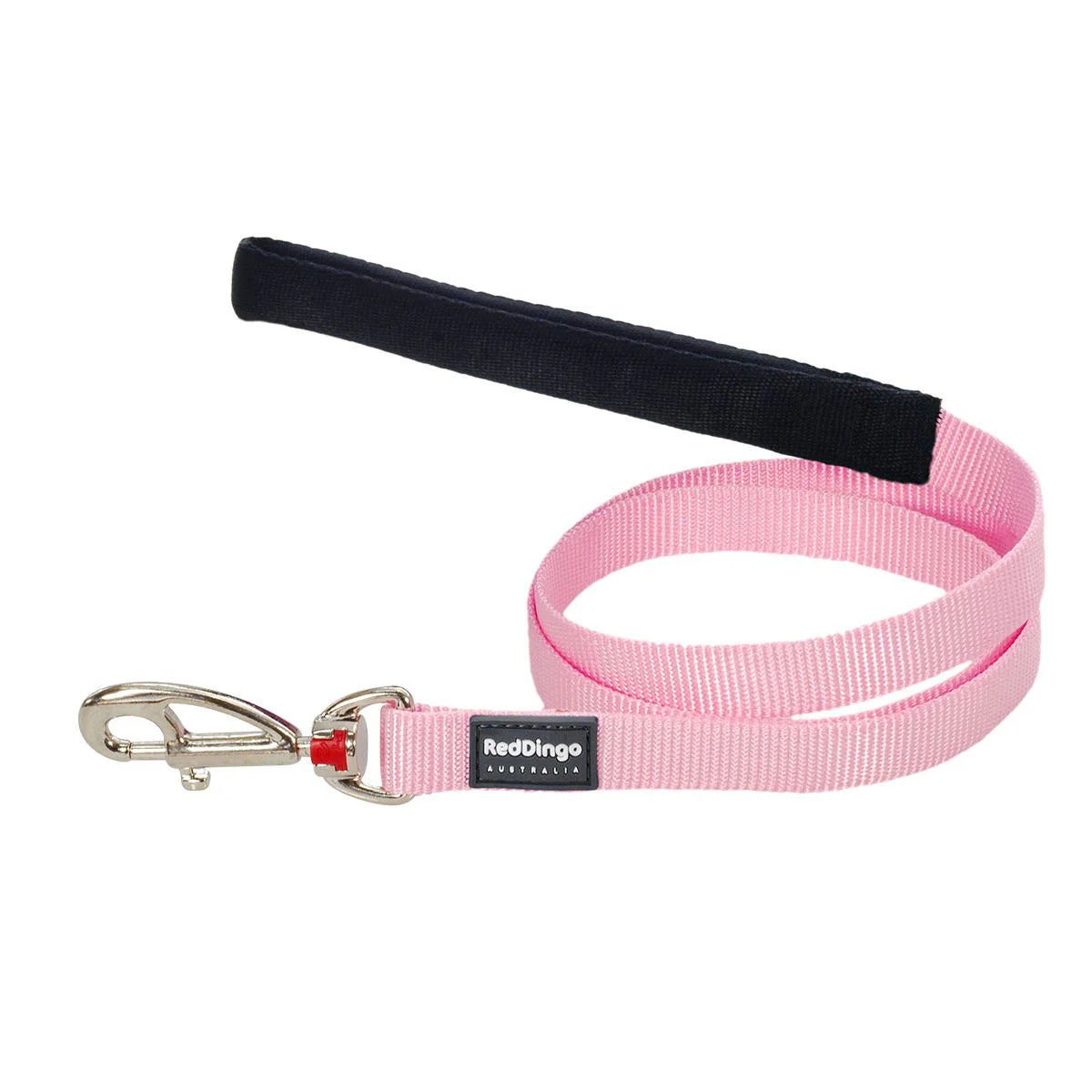 Pink dog leash with black handle and metal clip on a white background