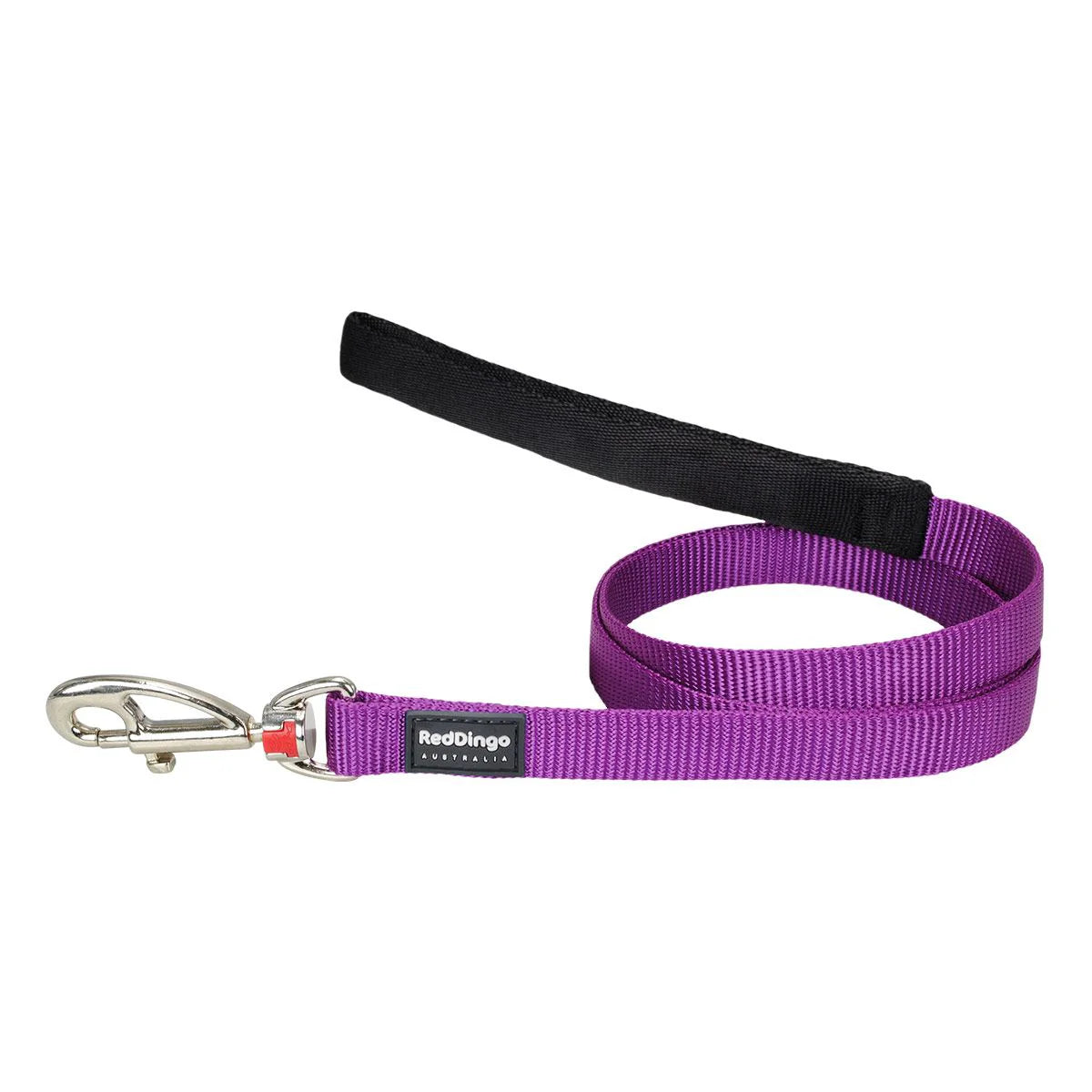Purple dog leash with black handle and metal clip on a white background