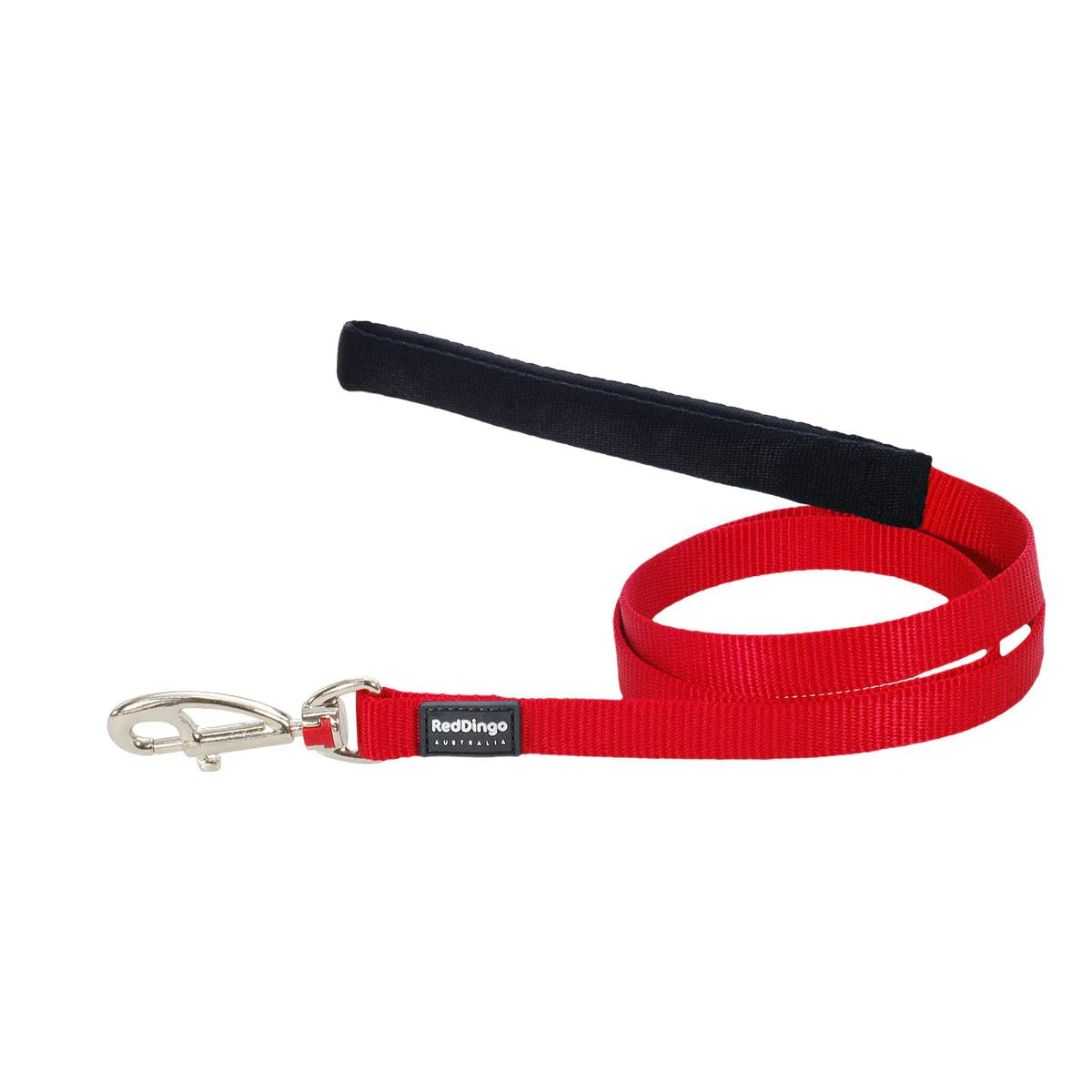 Red dog leash with black handle on a white background
