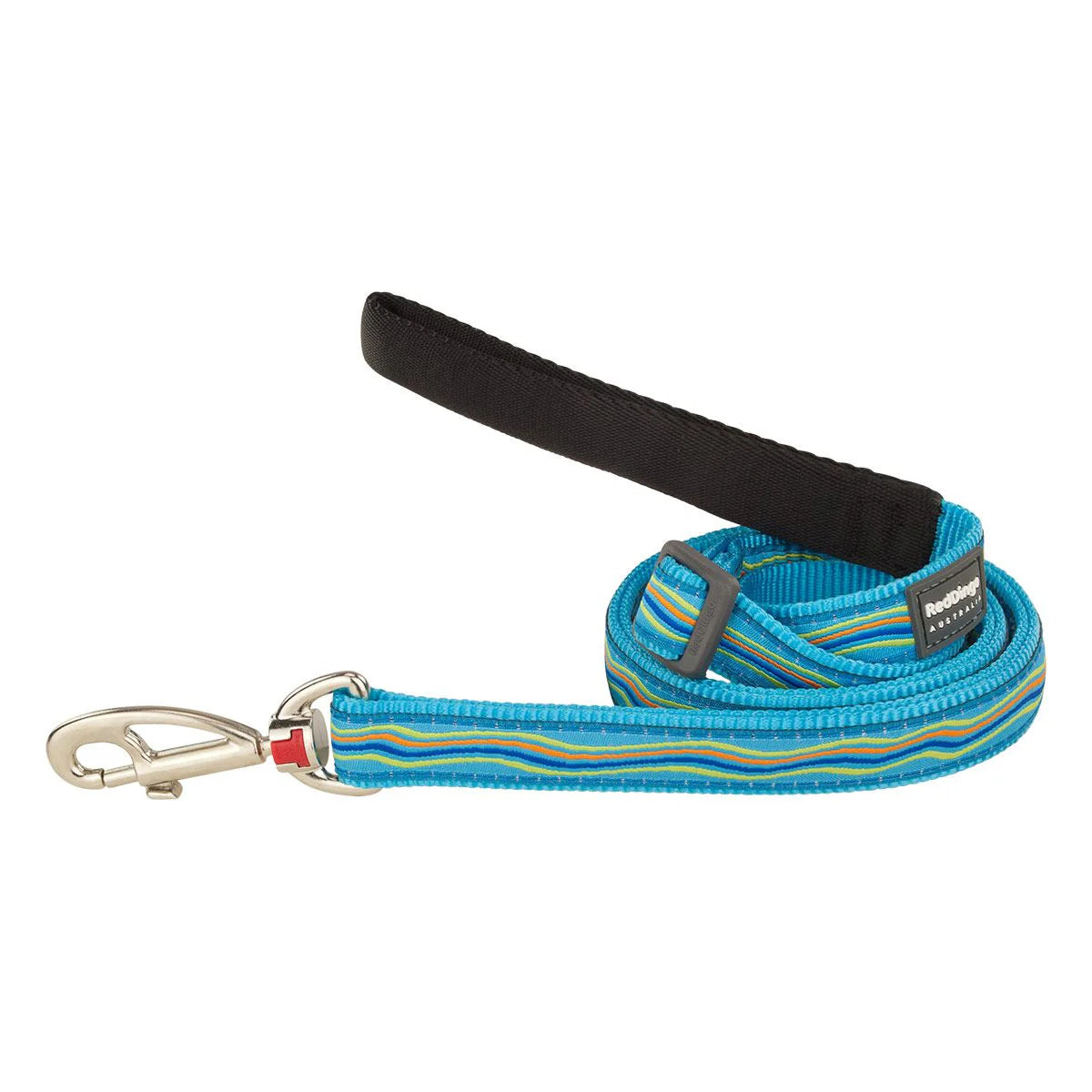 Blue striped dog leash with black handle on a white background
