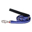Blue dog leash with white bone pattern on a white background