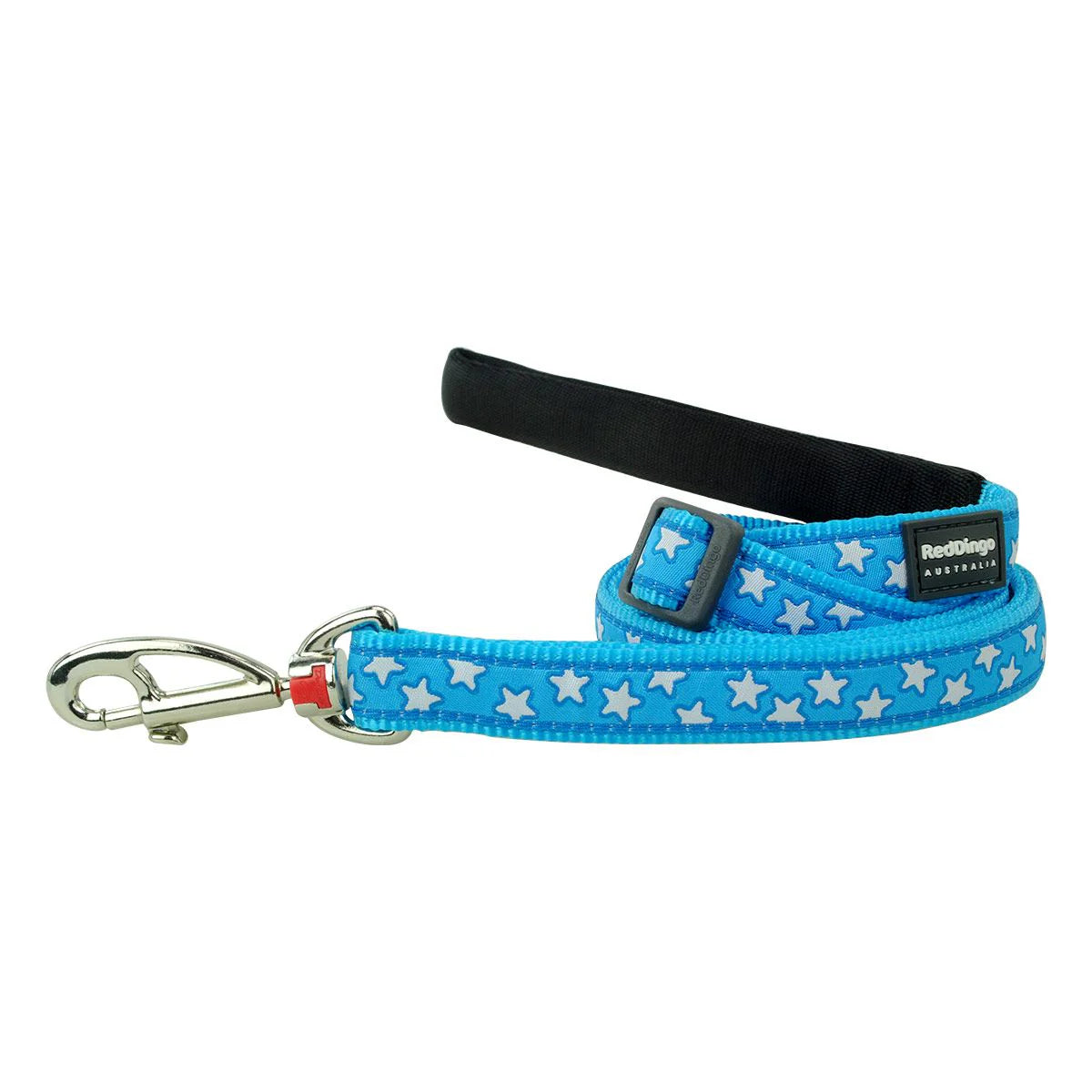 Blue dog leash with white star pattern and black handle on a white background