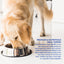 Dog eating from a metal bowl with promotional text about a premium and nutritious meal topper.