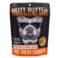 Mutt Butter dog treat cookies packaging with a bulldog illustration on a black background