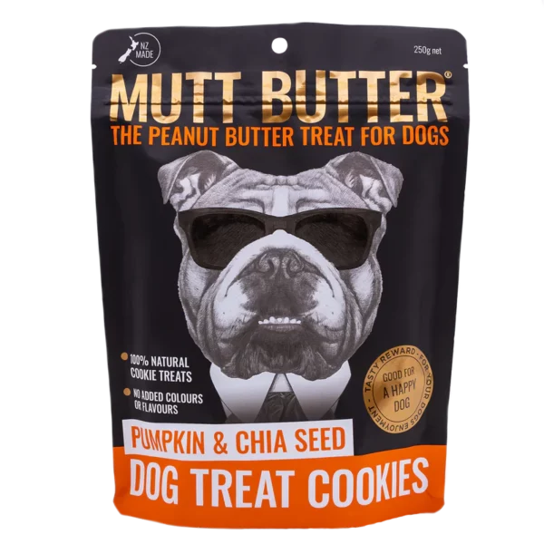 Mutt Butter dog treat cookies packaging with a bulldog illustration on a black background