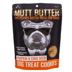 Mutt Butter dog treat cookies packaging with a bulldog illustration on a black background