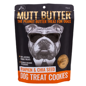 Mutt Butter dog treat cookies packaging with a bulldog illustration on a black background