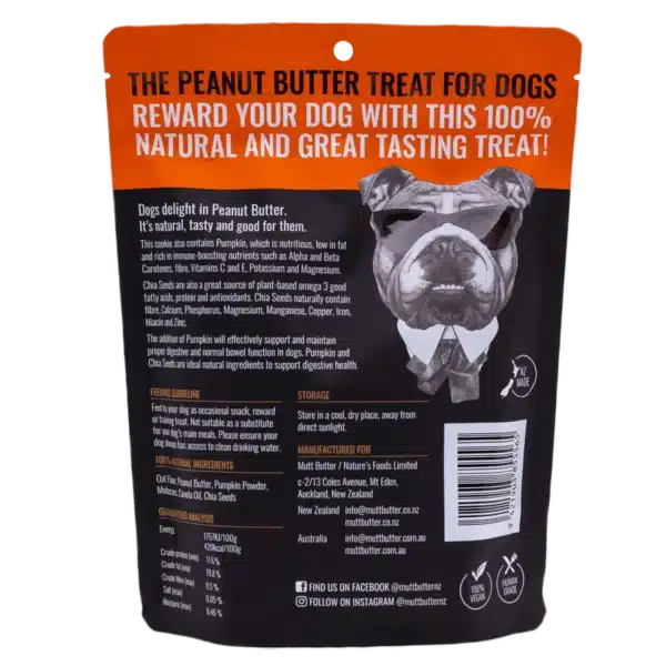 Mutt Butter dog treat cookies packaging with a bulldog illustration on a black background