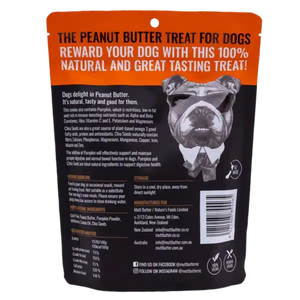 Peanut butter treat for dogs packaging with text and a dog illustration.
