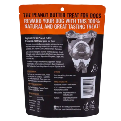Peanut butter treat for dogs packaging with text and a dog illustration.