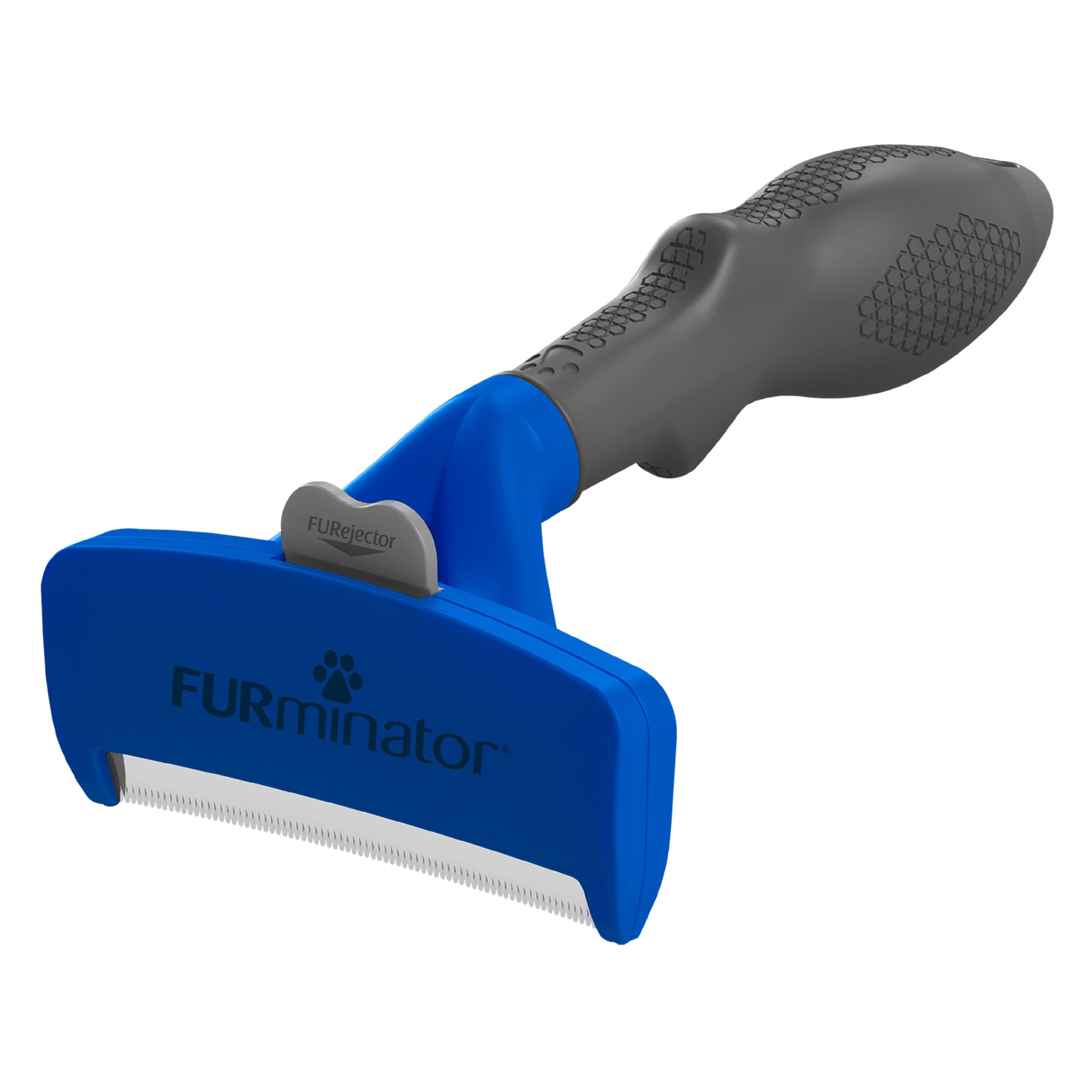 Blue and gray FURminator pet grooming tool on a white background