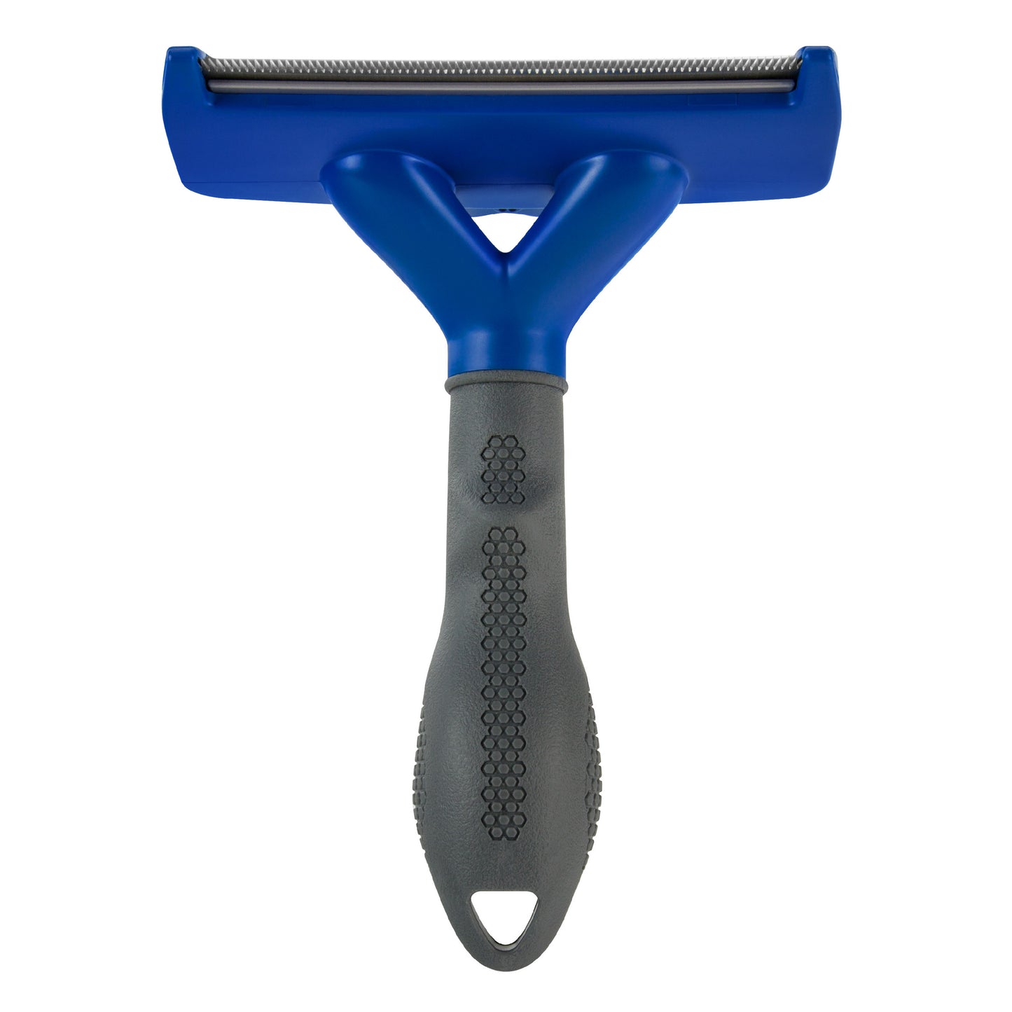 Blue and gray pet grooming brush on a white background