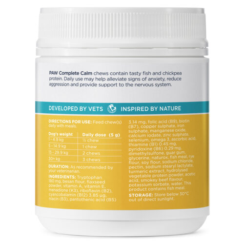 PAW Complete Calm supplement container for dogs on a white background