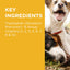 Two dogs with a yellow background and text about key ingredients.