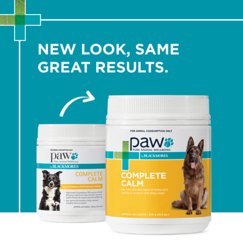 Two containers of Paw Blackmores Complete Calm supplement with text 'New Look, Same Great Results' on a blue background.