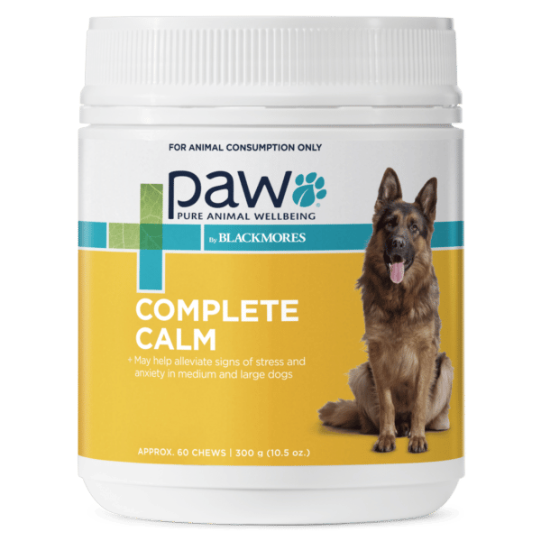 PAW Complete Calm supplement container for dogs on a white background