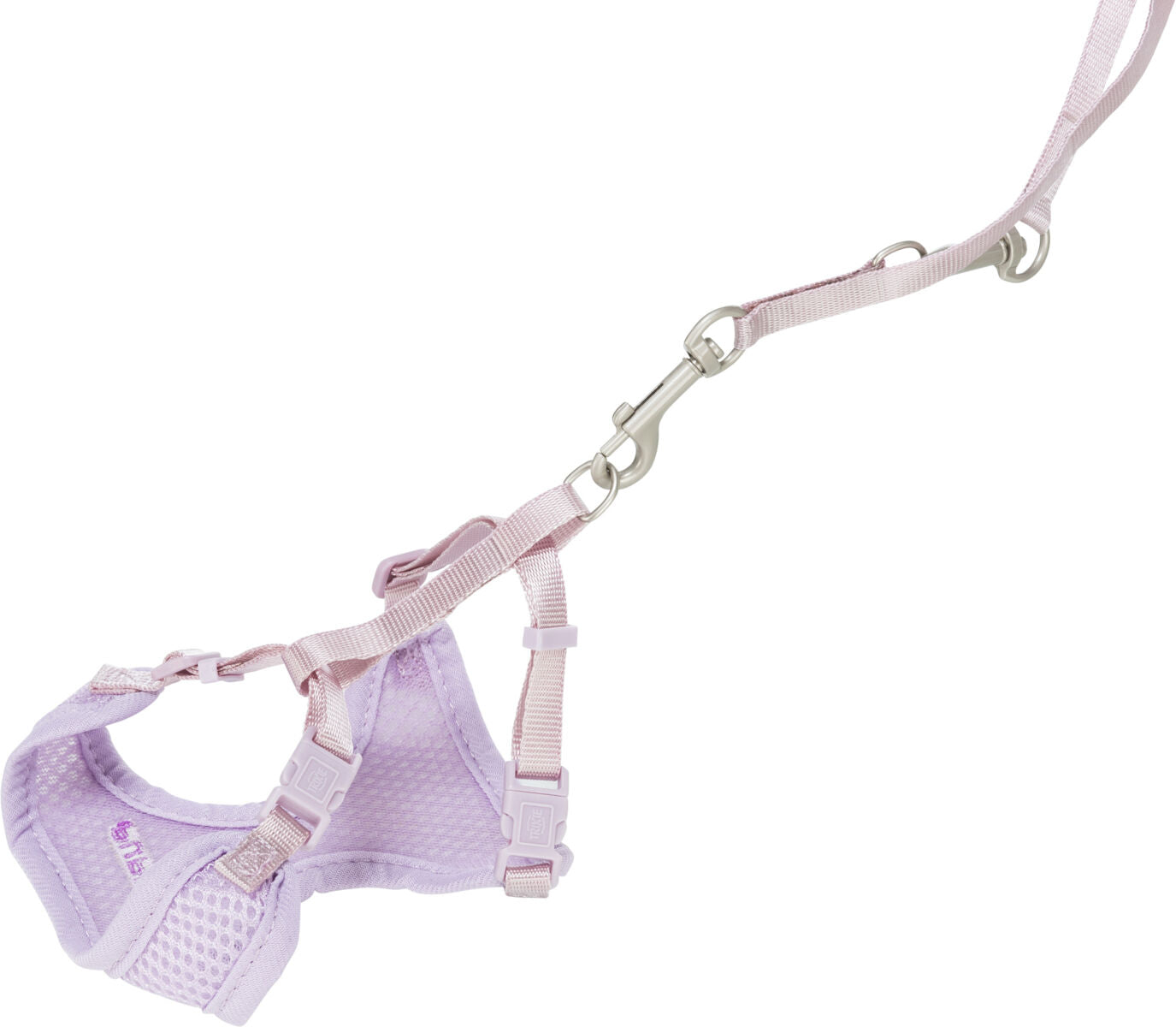 Purple dog harness with pink straps on a white background