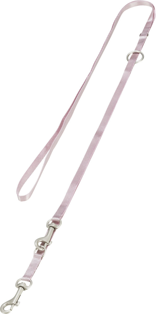 Pink dog leash with silver clasp on a white background
