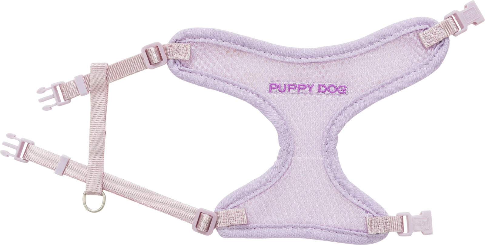 Light purple dog harness with 'Puppy Dog' branding on a white background