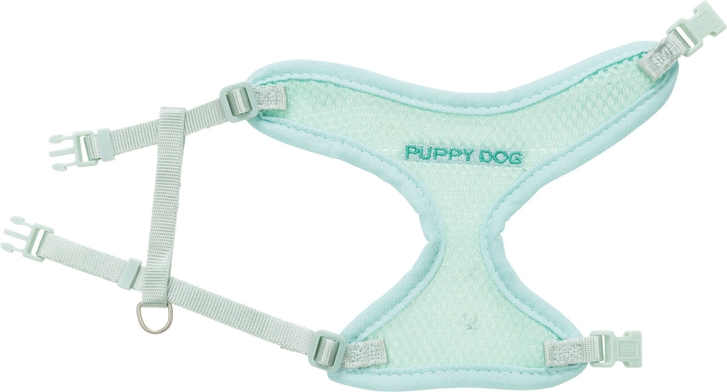 Light blue dog harness with 'Puppy Dog' branding on a white background