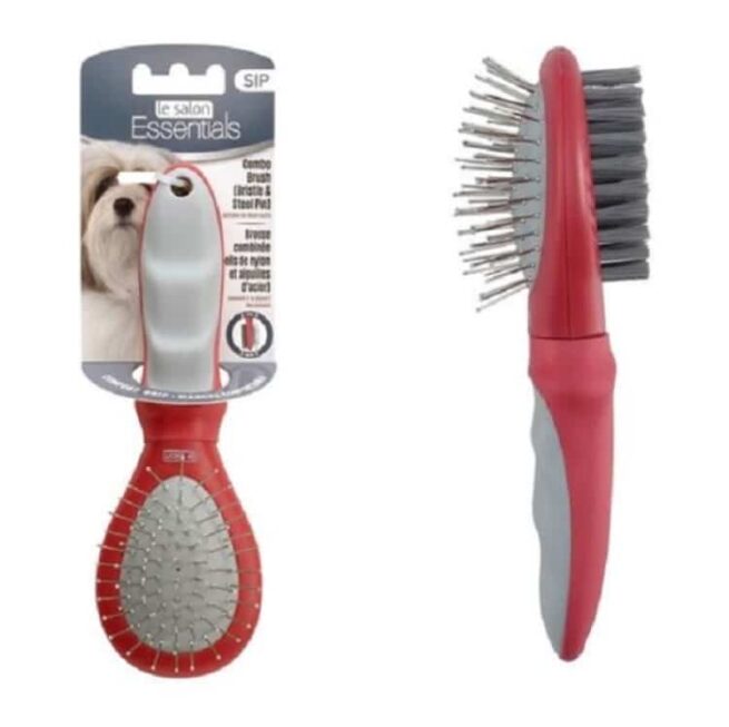 Pet grooming brush with red handle and gray bristles on a white background