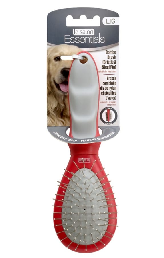 Pet grooming brush with red handle and gray bristles on a white background
