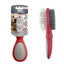 Red and gray pet grooming brush with packaging on a white background