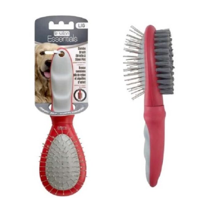 Red and gray pet grooming brush with packaging on a white background