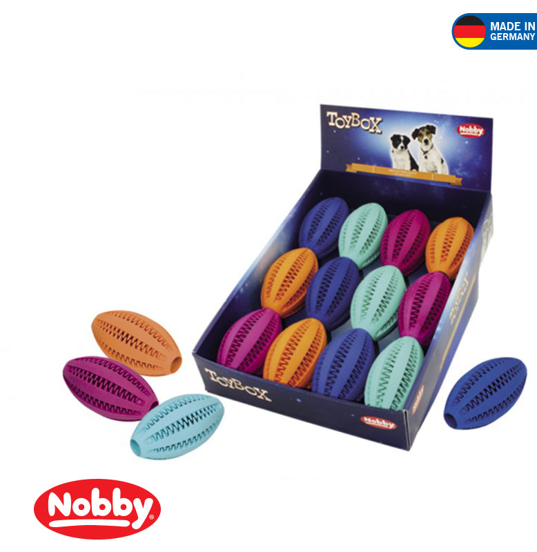 Box of Nobby dog toys with colorful rubber balls on a white background