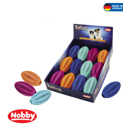 Box of Nobby dog toys with colorful rubber balls on a white background