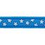 Blue ribbon with white star patterns on a white background