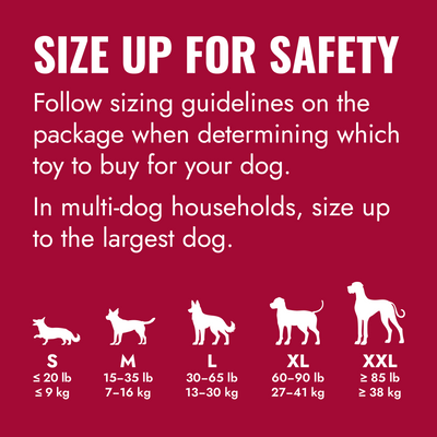 Dog toy size chart with guidelines for safety on a red background