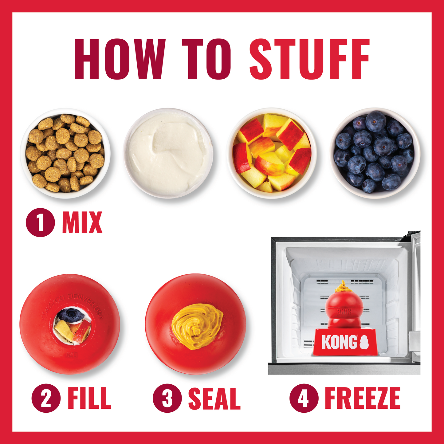 Step-by-step guide on how to stuff a Kong pet toy with various ingredients, featuring the Kong brand.