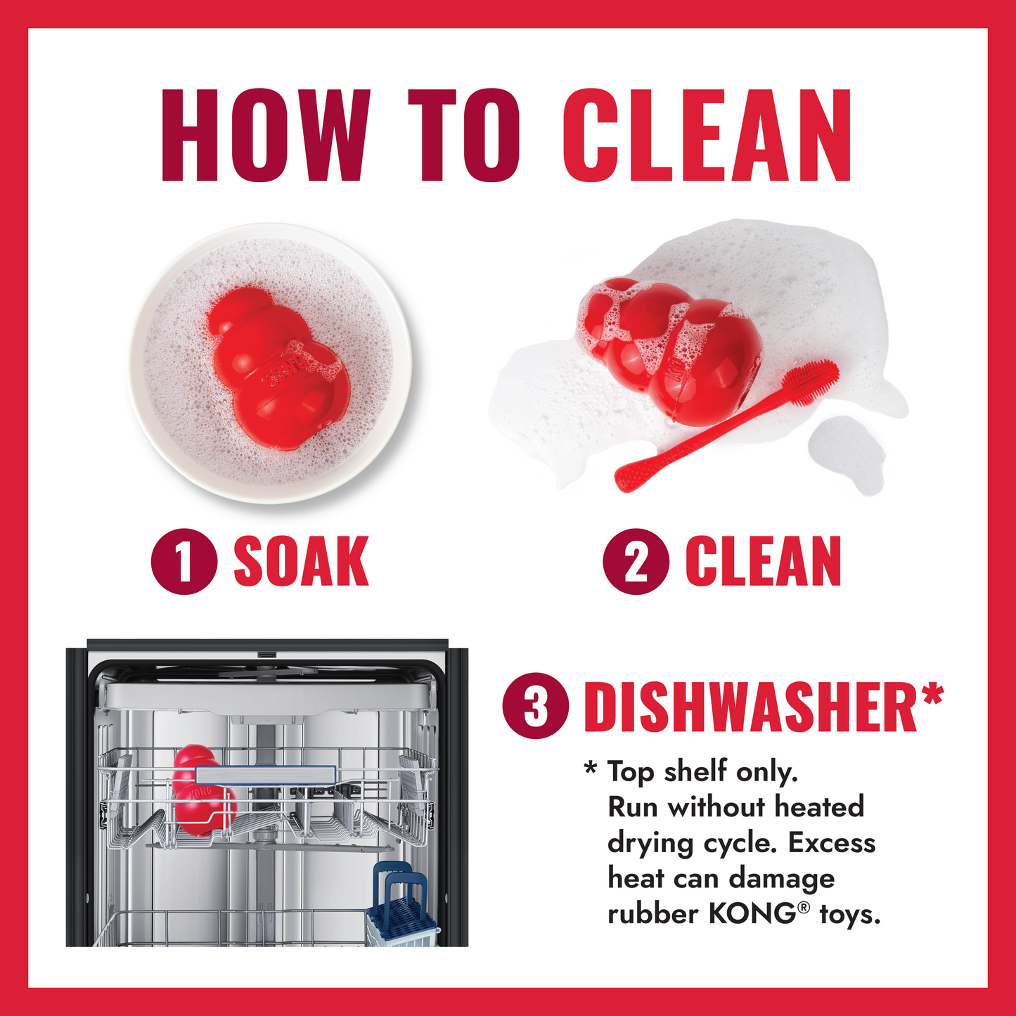 Instructions on how to clean KONG toys with images and text.