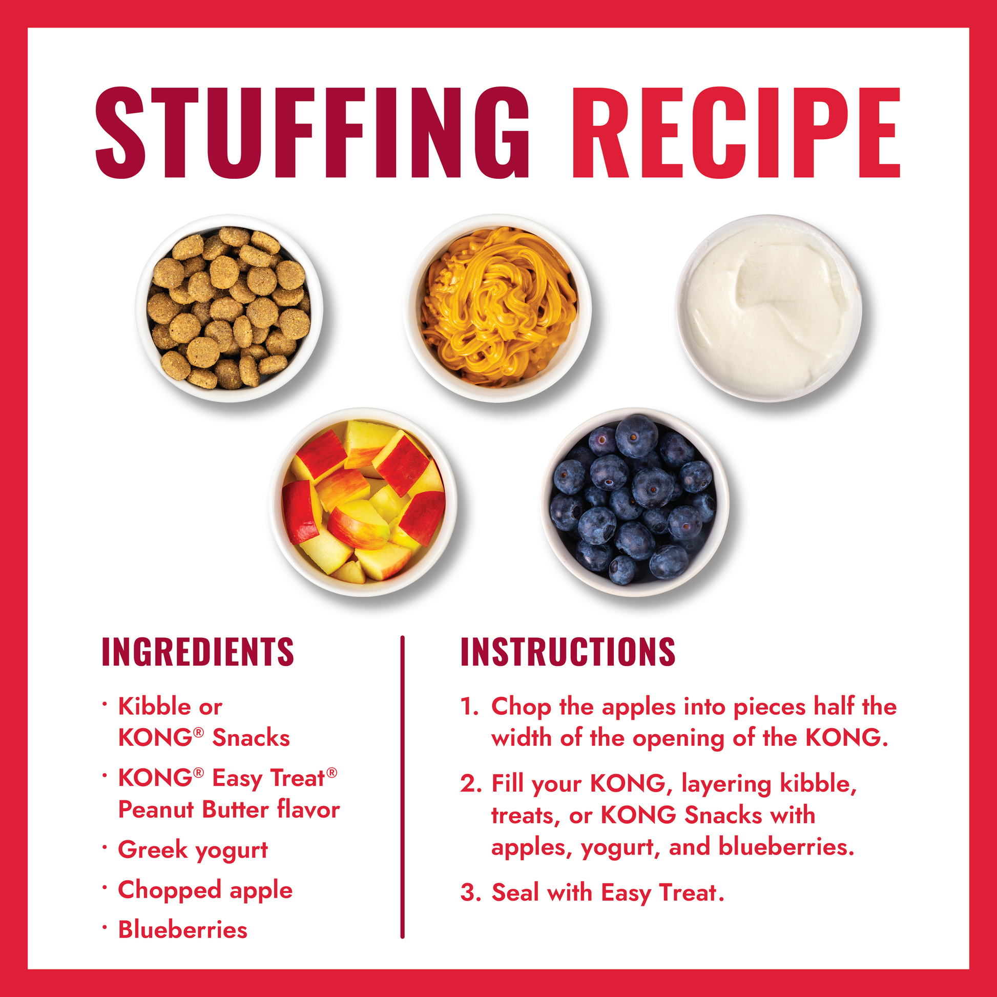 Recipe card for making dog food stuffing with ingredients and instructions.