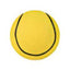 Yellow tennis ball with black stitching on a white background