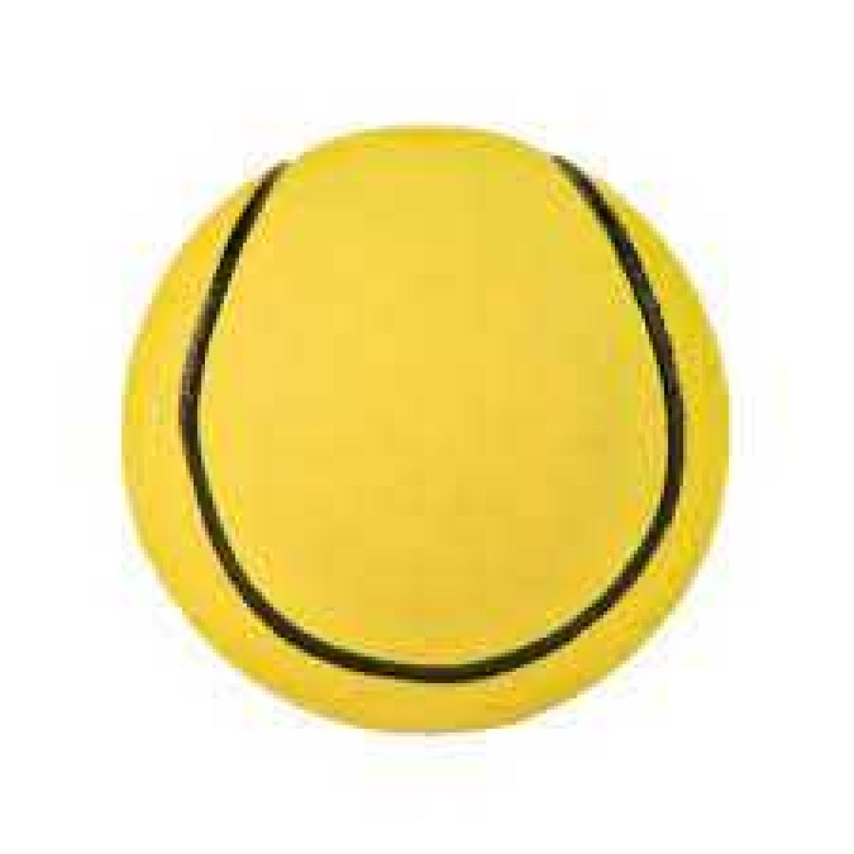Yellow tennis ball with black stitching on a white background