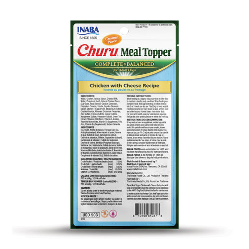 INABA Churu Meal Topper package for adult dogs with chicken and cheese recipe on a white background