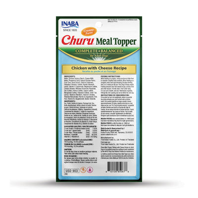 INABA Churu Meal Topper package for adult dogs with chicken and cheese recipe on a white background