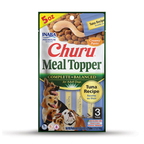 Churu Meal Topper package for adult dogs with tuna recipe on a white background