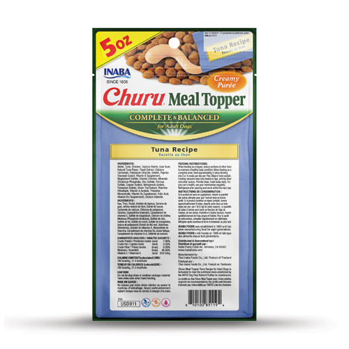 INABA Churu Meal Topper package for adult dogs with tuna recipe on a white background