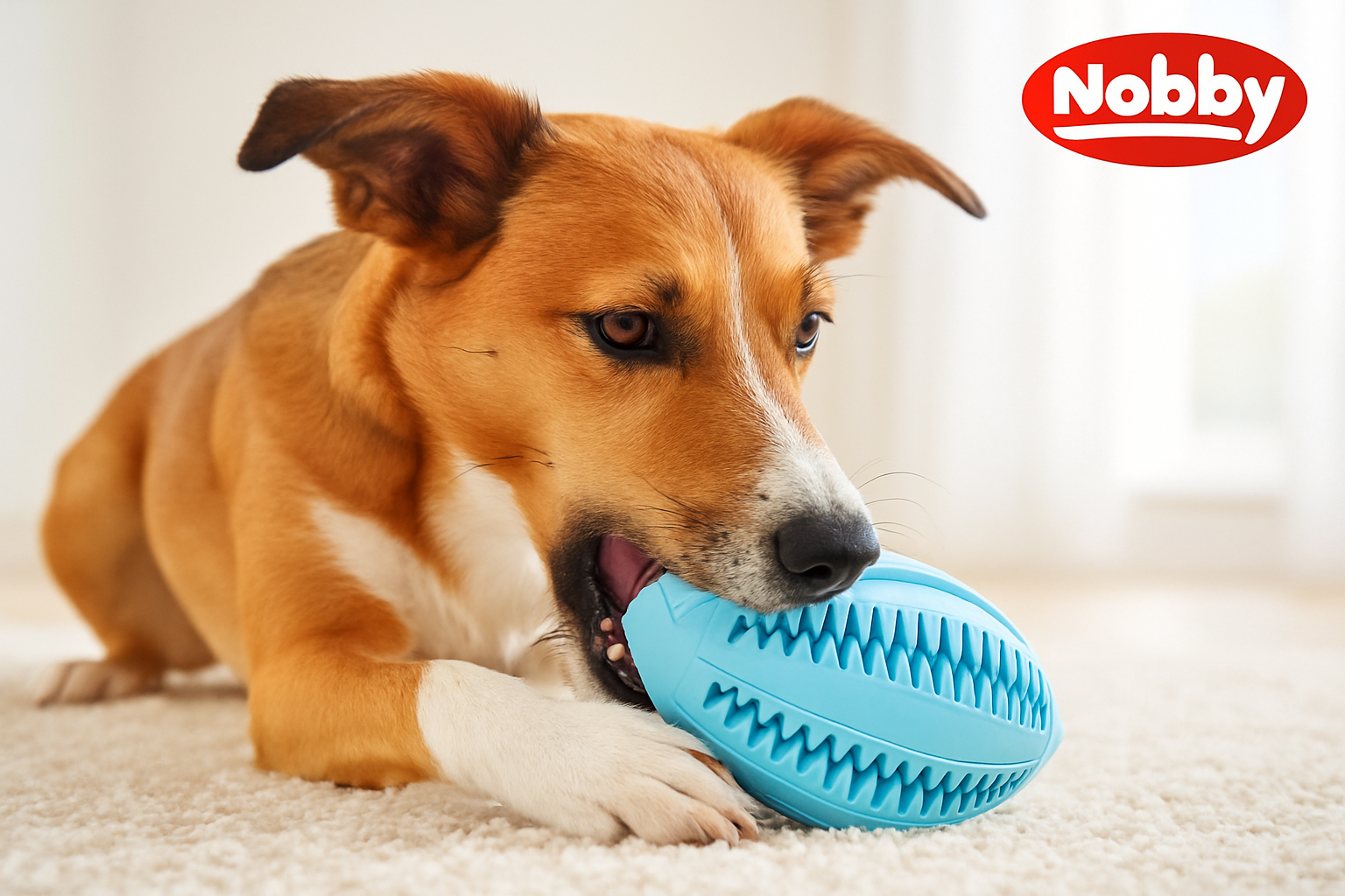 a cog playing with a light blue rugby dental care ball from nobby 